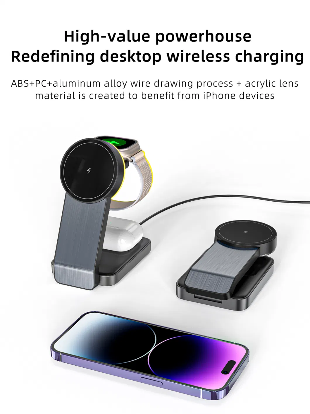 New 15W Aluminium Detachable Desktop 3 in 1 Magnetic Wireless Charger