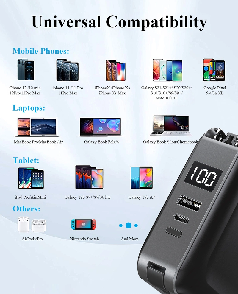 LED Display Built-in Cable Mobile Power Bank 15000mAh with AC Wall Charger