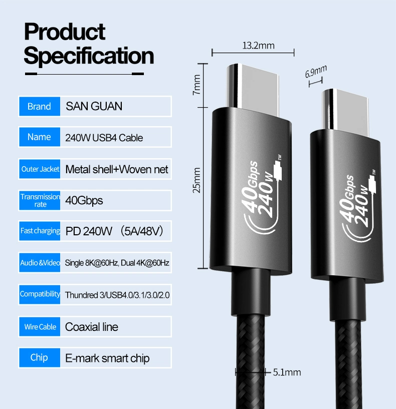 New 3m 10FT USB4 Gen3 Coaxial Cable 100W Pd Charge Thunderbolt 4 40gbps Usbc for Thunderbolt4 Tbt3 ISO9001 Certified Factory