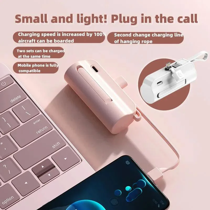 Wholesale 5000mAh Portable Rear Plug-in Power Bank Mini Power Bank Built-in Wired Mobile Power Bank Small Power Bank Factory