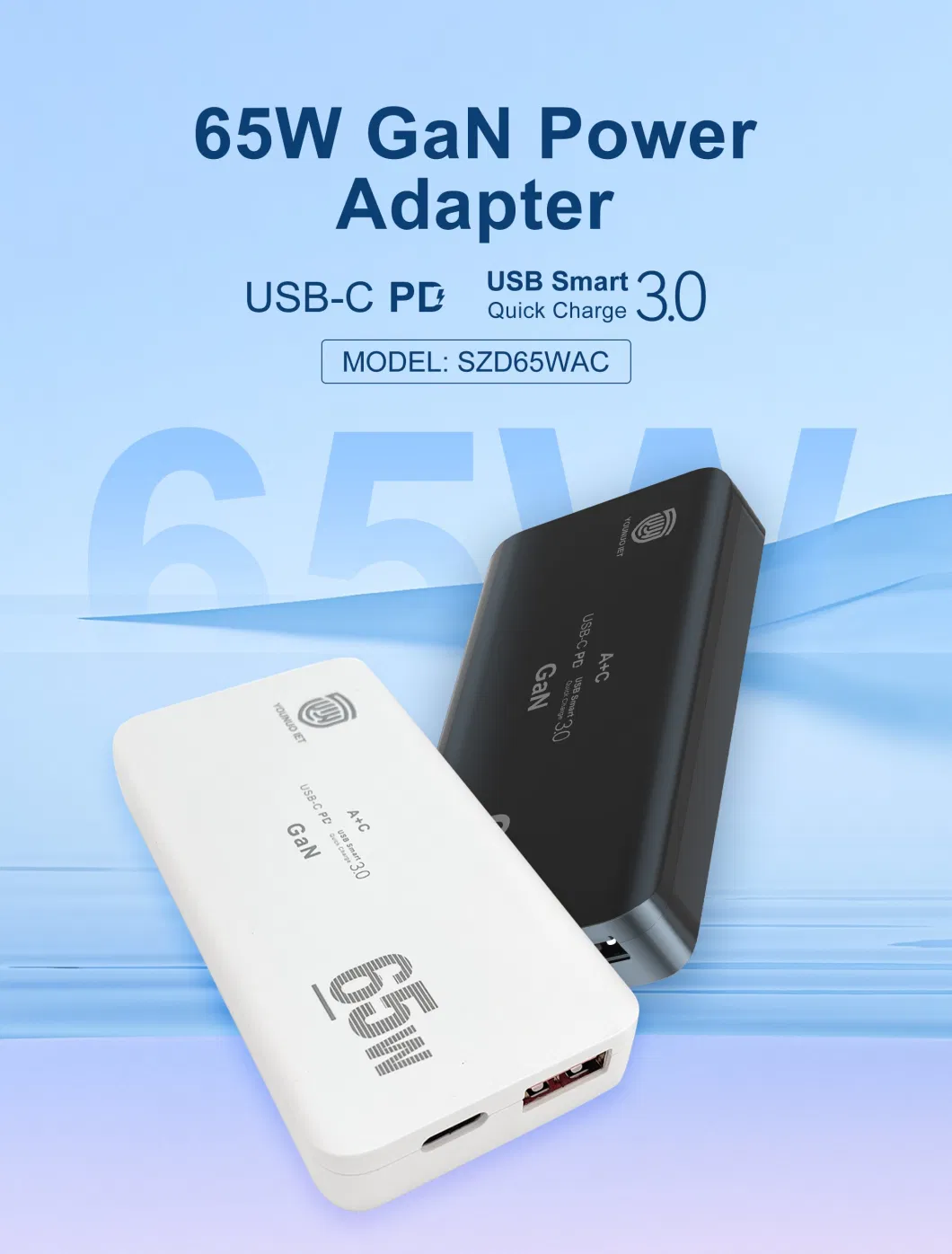 The Latest Smart Black Technology Qi Pd3.0 Fcp SCP PPS PE 2.0 GaN 65W Fast Charger